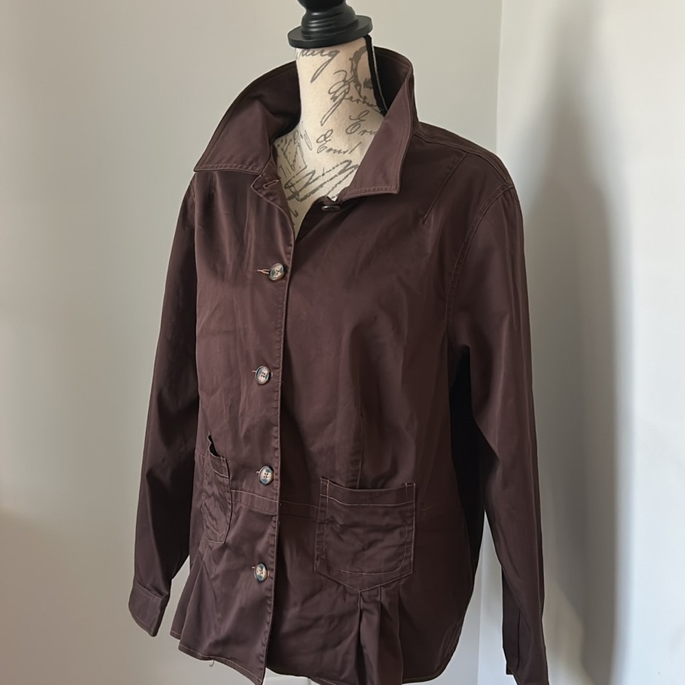 Casual Stretchy Utility Jacket Brown Button closure Cinched Accents Susan Graver - Picture 3 of 11